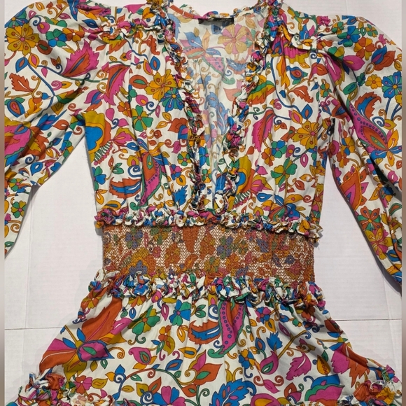 House Of Harlow 1960 Nicole Richie Floral Smocked Tiered Dress Size XSMALL - Picture 2 of 8